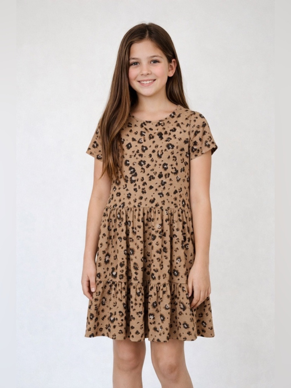 NWT - Girls "LOVE FIRE" (Nordstrom) Leopard-Print Short sleeve Tiered Dress.